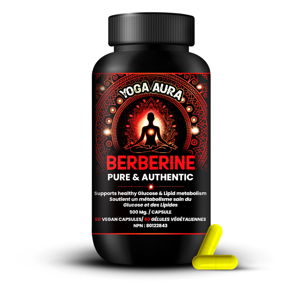 Yoga Aura 100% Pure Berberine – 500 mg of clinically studied berberine HCl, Lab tested, non-GMO & vegan | Health Canada Licensed NPN  80122843