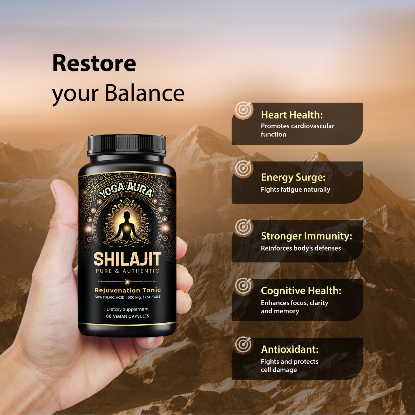 Yoga Aura Shilajit Capsules – Himalayan Shilajit 500mg Daily Supplement
