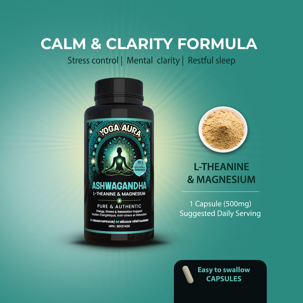 Yoga Aura Ashwagandha + L-Theanine + Magnesium Tri-Formula Capsules | Calm Focus & Relaxation Support