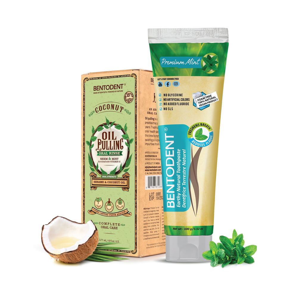 Bentodent Coconut Oil Pulling, Powerful Neem & Mint, Dual Strength of Sesame & Coconut Oil, Oil Pulling rinse for teeth & gums, Zero Sugar & No Alcohol mouthwash for Fresh Breath & Whitening,6 fl. oz.