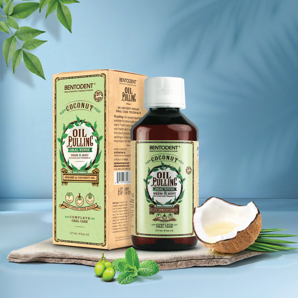 Bentodent Coconut Oil Pulling, Powerful Neem & Mint, Dual Strength of Sesame & Coconut Oil, Oil Pulling rinse for teeth & gums, Zero Sugar & No Alcohol mouthwash for Fresh Breath & Whitening,6 fl. oz.