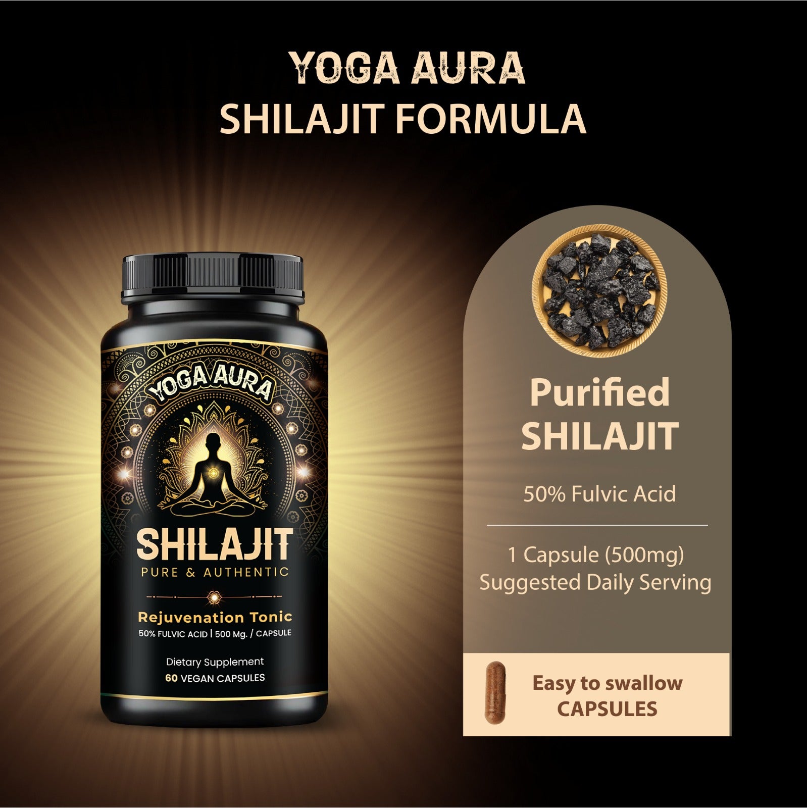 Yoga Aura Shilajit Capsules – Himalayan Shilajit 500mg Daily Supplement