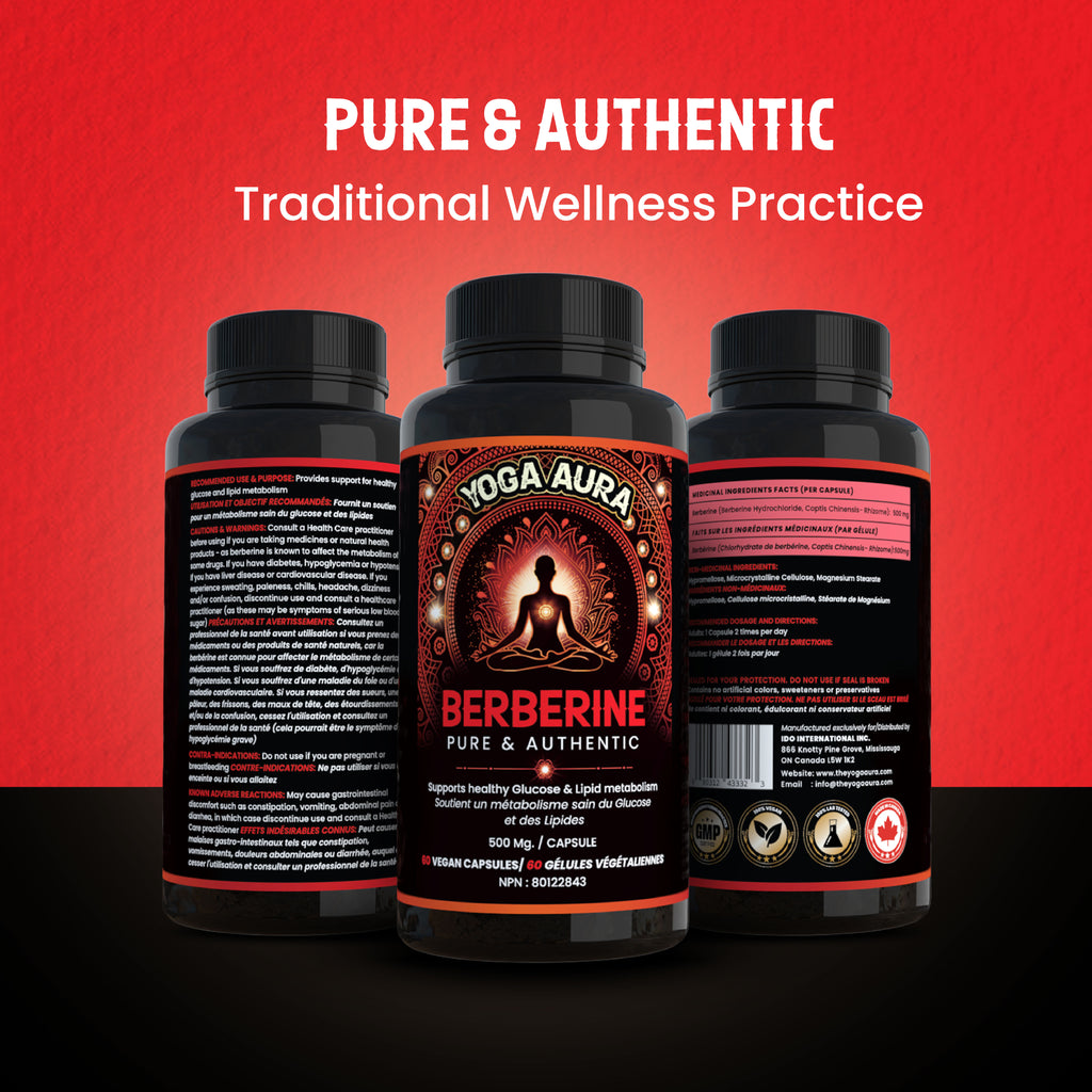 Yoga Aura 100% Pure Berberine – 500 mg of clinically studied berberine HCl, Lab tested, non-GMO & vegan | Health Canada Licensed NPN  80122843