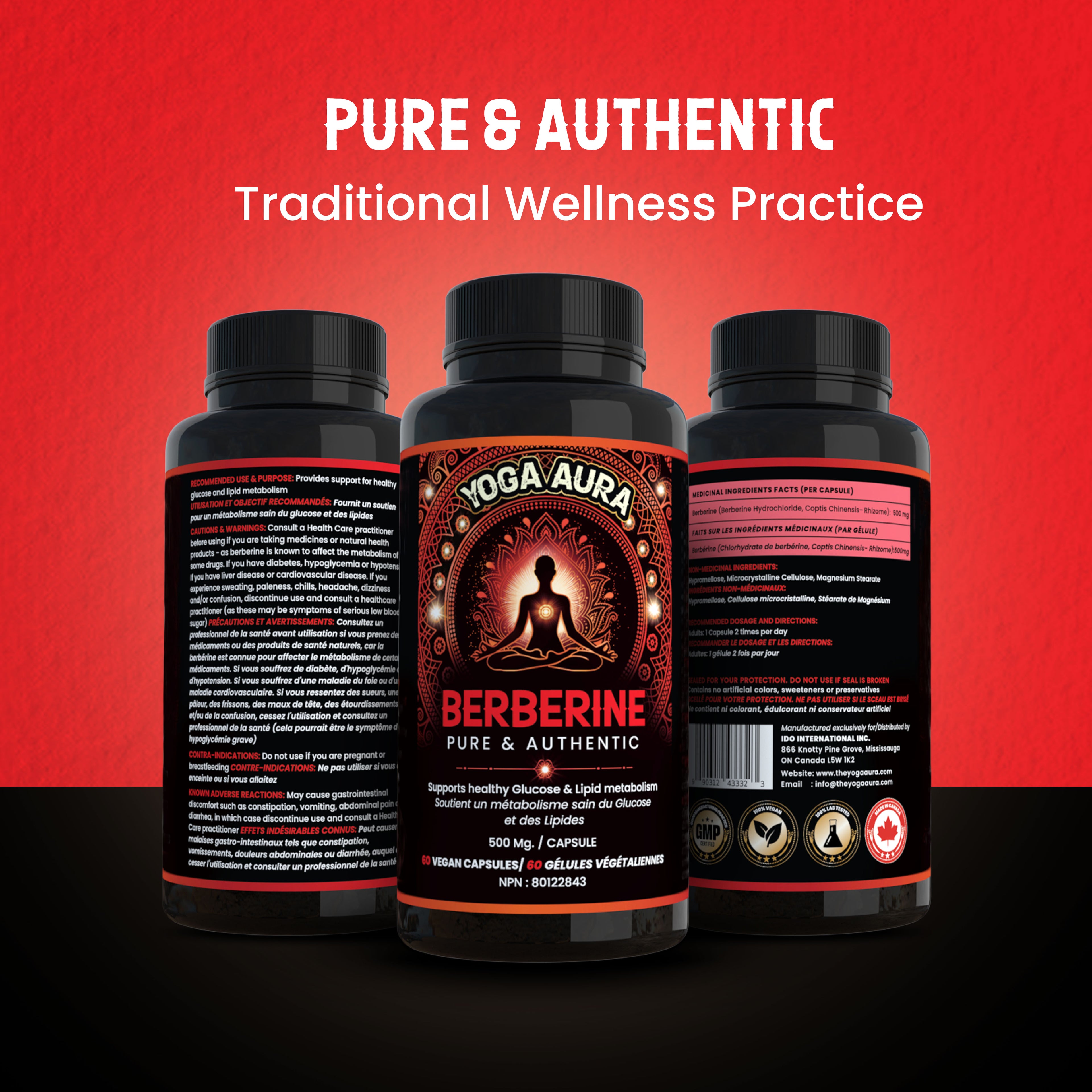 Yoga Aura 100% Pure Berberine – 500 mg of clinically studied berberine HCl, Lab tested, non-GMO & vegan | Health Canada Licensed NPN  80122843